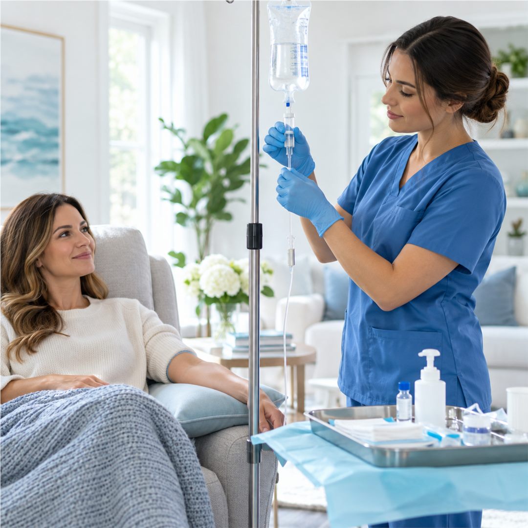 Evde serum takma ve enjeksiyon hizmeti için serum hazırlayan hemşire